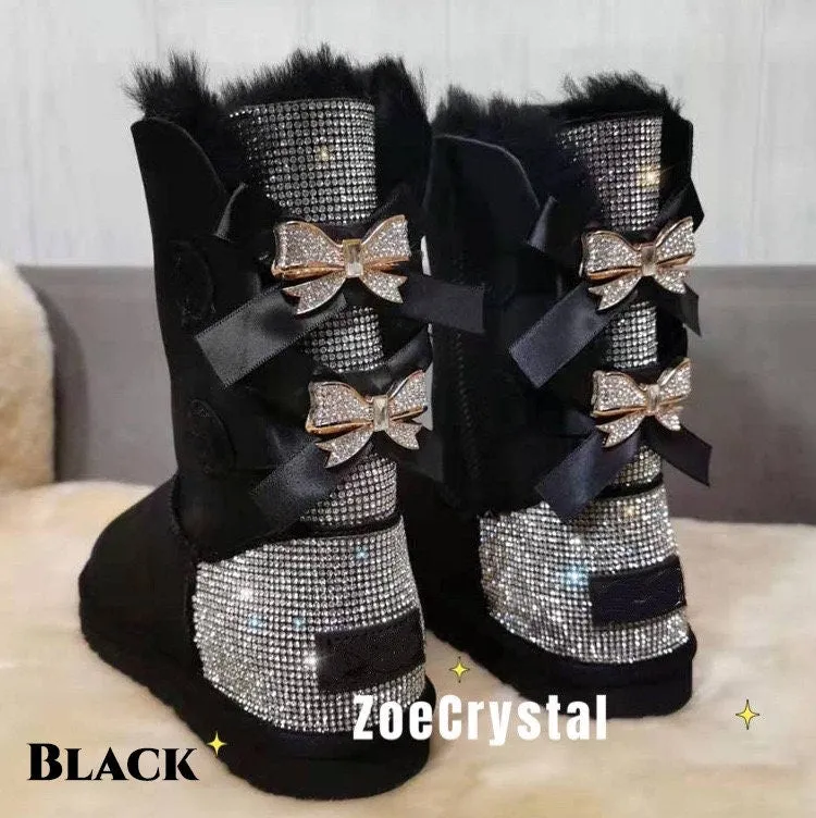 New**Super Bling and Sparkly middle high SheepSkin Wool BOOTS w shinning Czech crystals Bailey bow boots