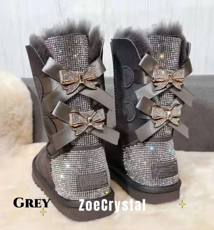 New**Super Bling and Sparkly middle high SheepSkin Wool BOOTS w shinning Czech crystals Bailey bow boots