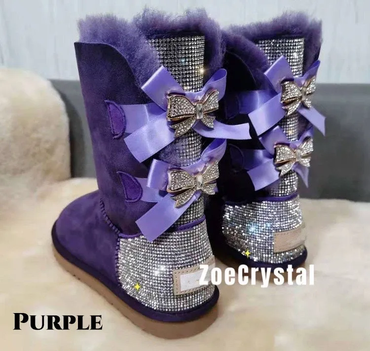 New**Super Bling and Sparkly middle high SheepSkin Wool BOOTS w shinning Czech crystals Bailey bow boots