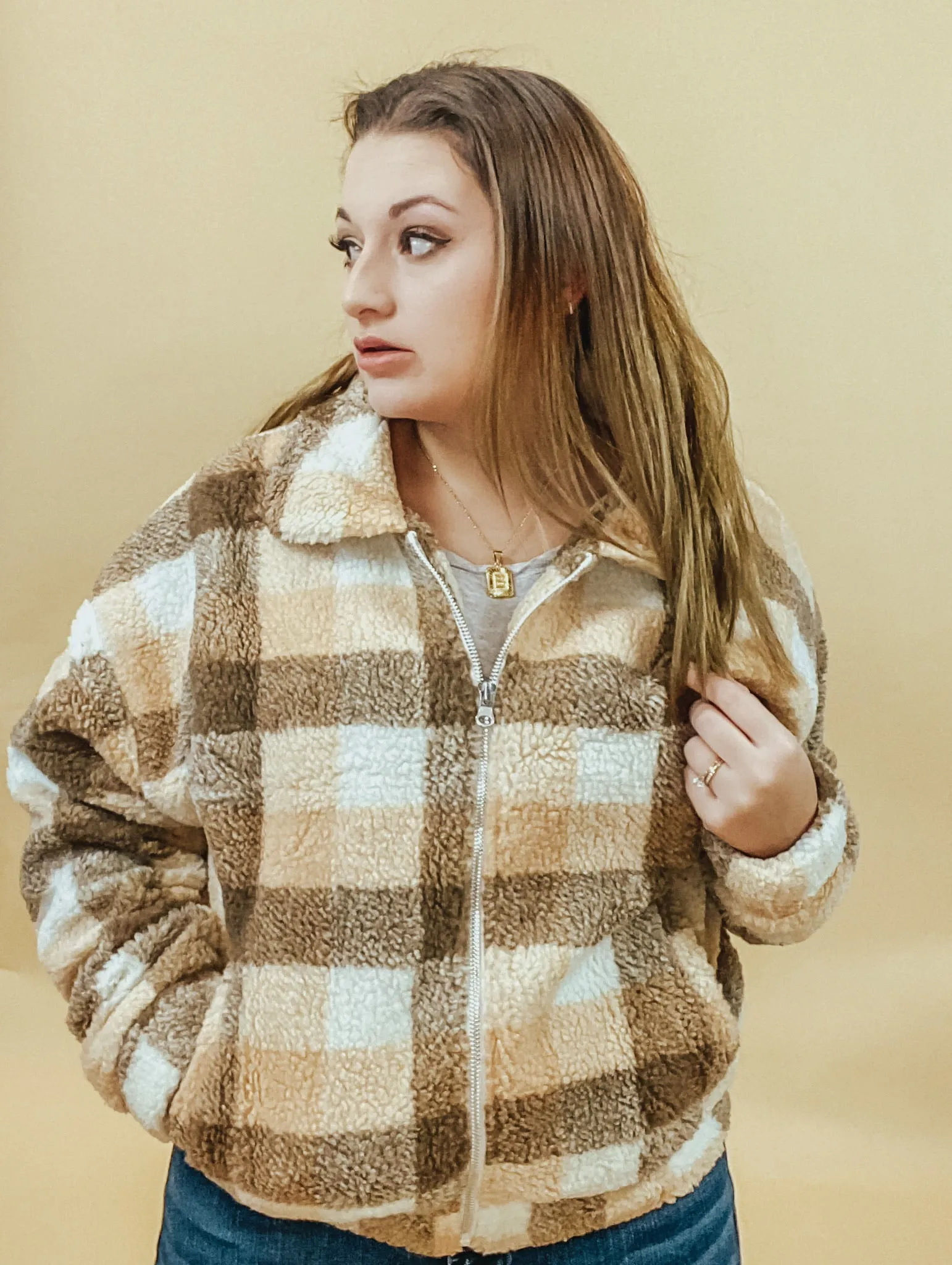 PLAID POCKETED TEDDY JACKET