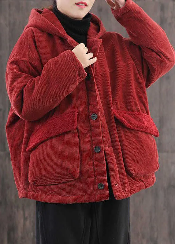 Plus Size Red Hooded Pockets Fine Cotton Filled Corduroy Parka Jacket Winter