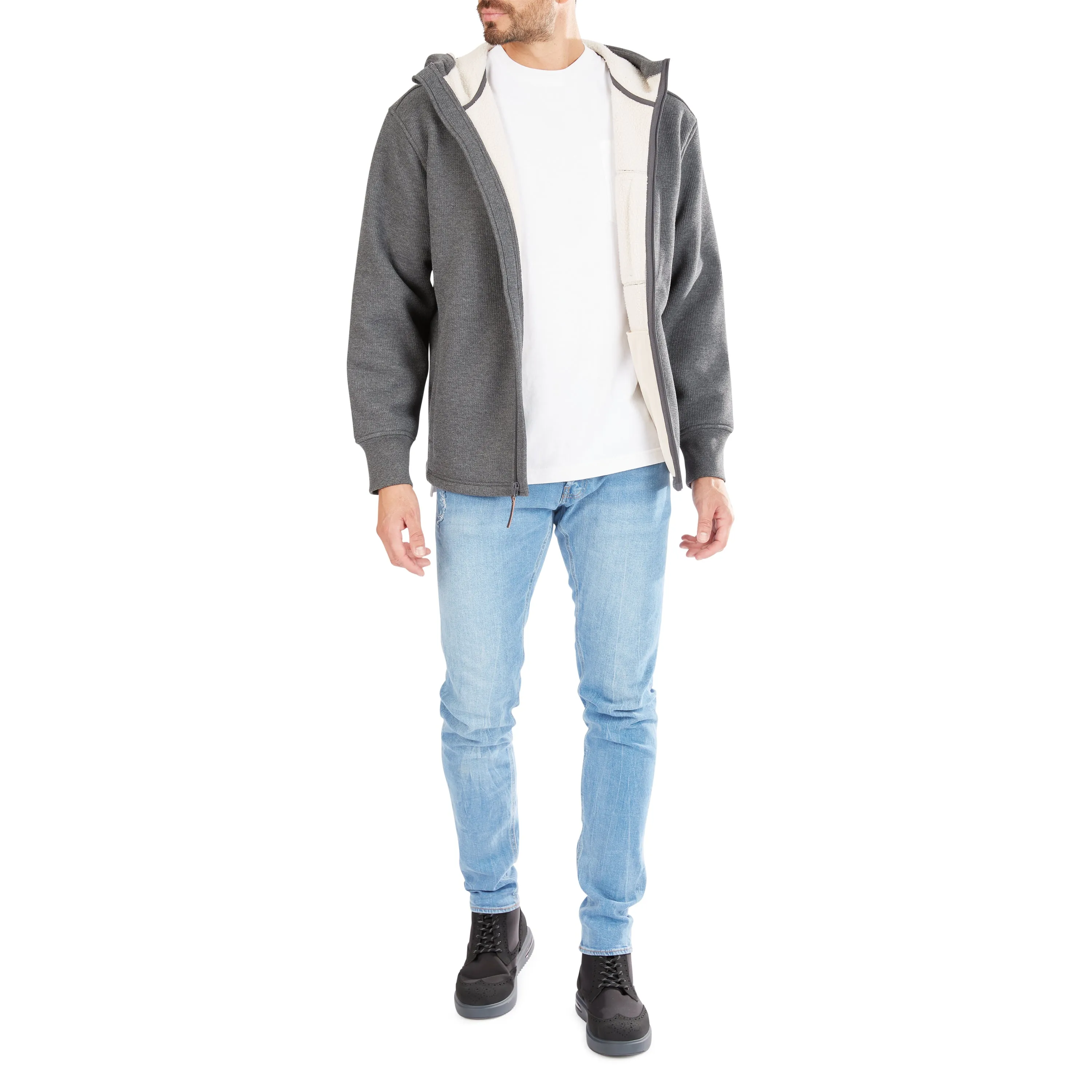 SHERPA-LINED HEATHERED THERMAL HOODED FULL-ZIP SHIRT-JACKET