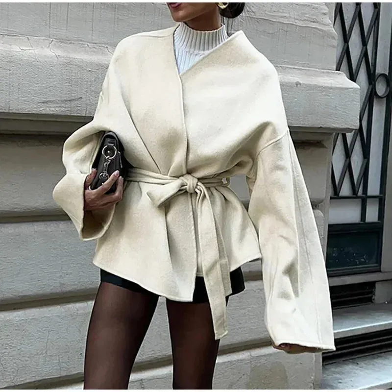 Slim White Elegant V-neck Belt Chic Long Sleeve blanket coat fall coat