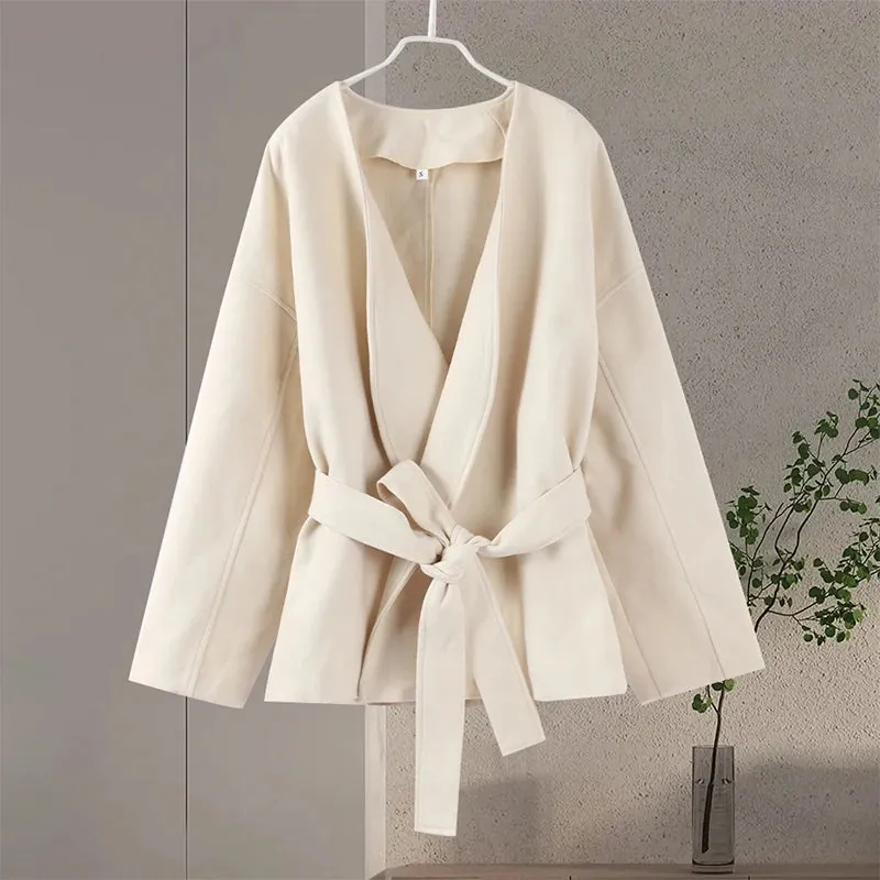 Slim White Elegant V-neck Belt Chic Long Sleeve blanket coat fall coat