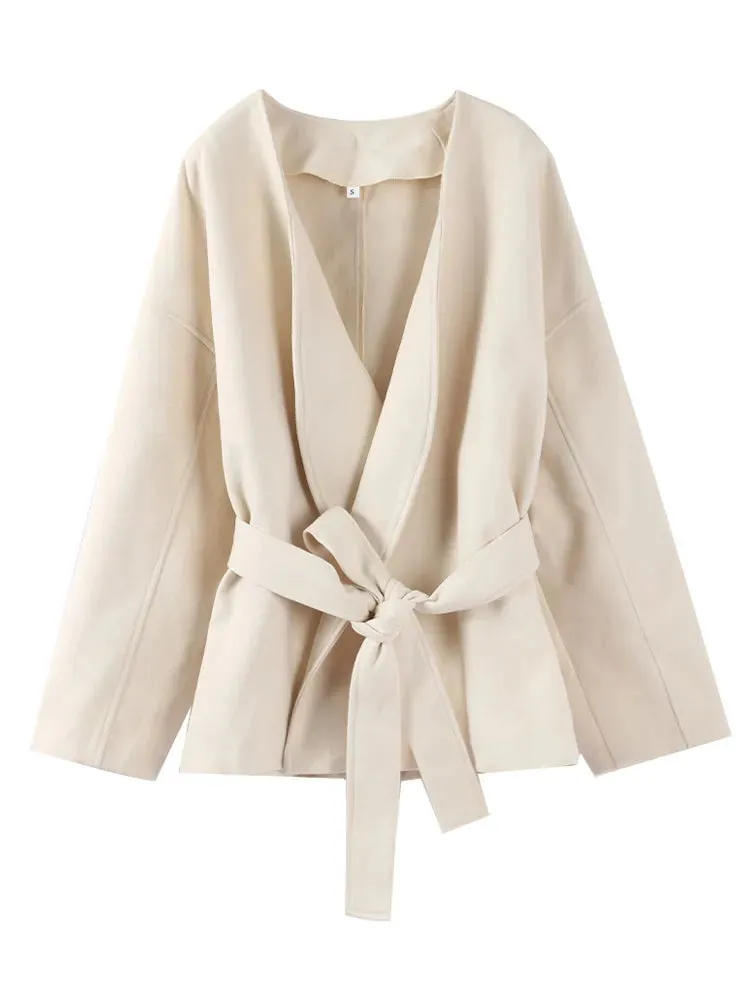 Slim White Elegant V-neck Belt Chic Long Sleeve blanket coat fall coat