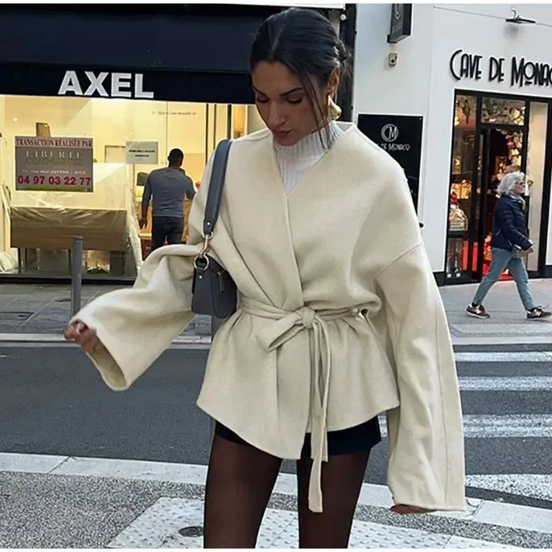 Slim White Elegant V-neck Belt Chic Long Sleeve blanket coat fall coat