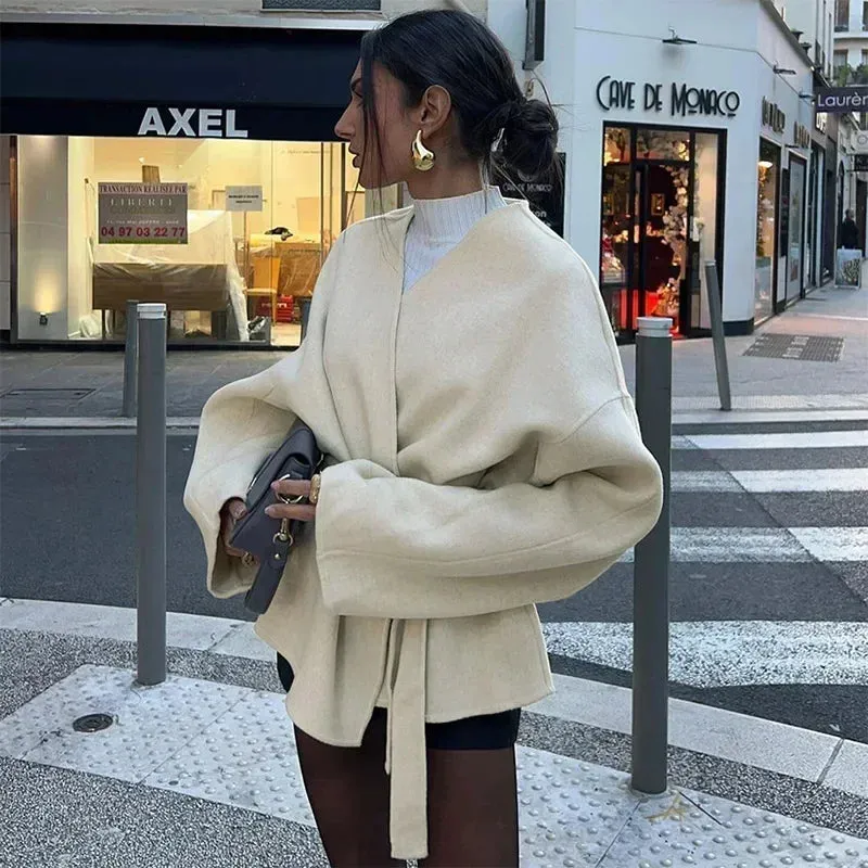 Slim White Elegant V-neck Belt Chic Long Sleeve blanket coat fall coat