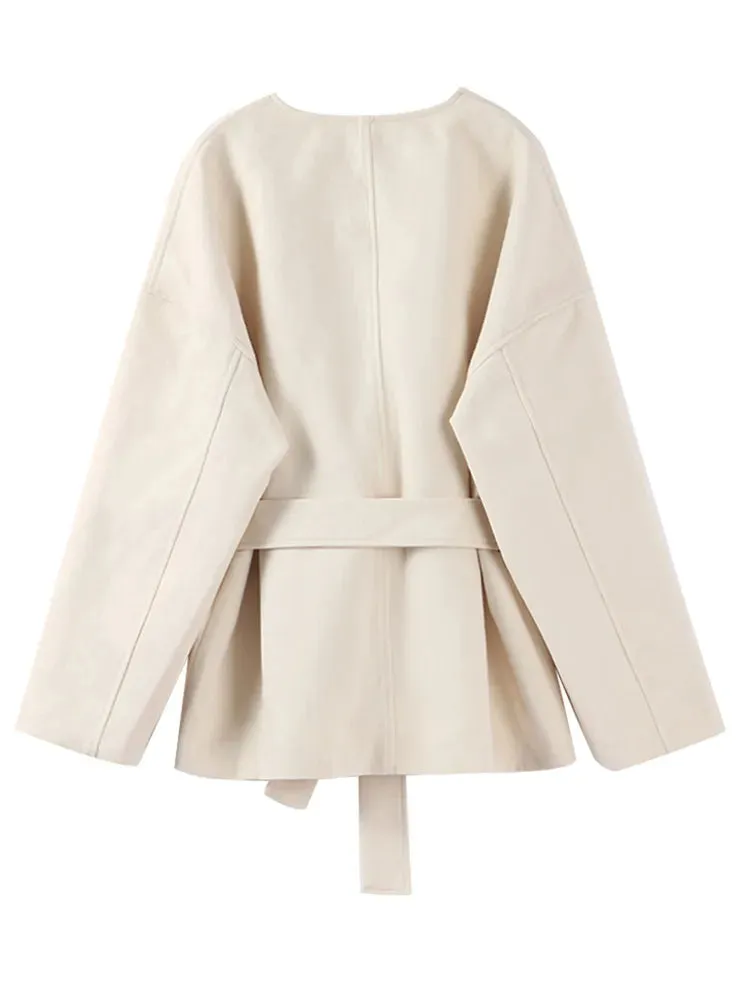 Slim White Elegant V-neck Belt Chic Long Sleeve blanket coat fall coat