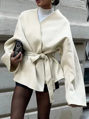 Slim White Elegant V-neck Belt Chic Long Sleeve blanket coat fall coat