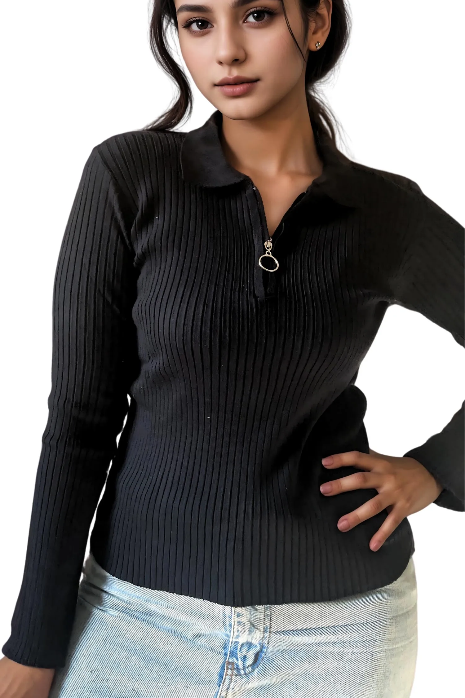 Solid Ribbed Knit Quarter-Zip Pullover - U-Modest