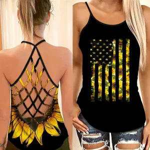 Sunflower US Flag Cross Tank Top, Shirt for Mom Grandma, Summer Shirt