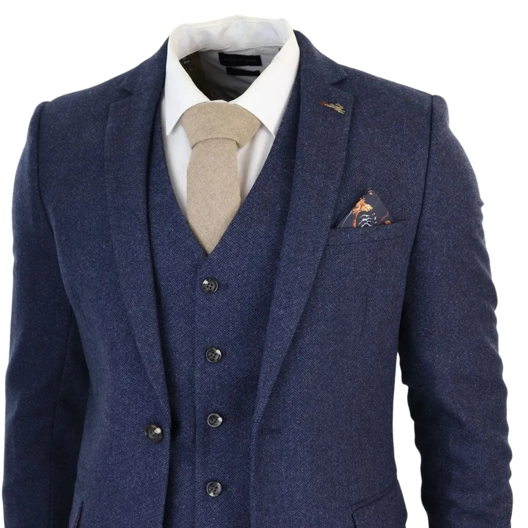 SW105258 - Men's Navy Blue 3 Piece Tweed Wool Suit