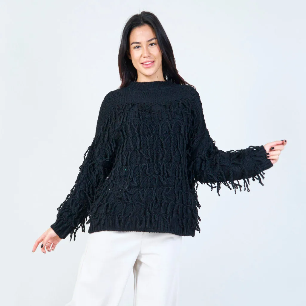 Textured fringe knit sweater wholesale