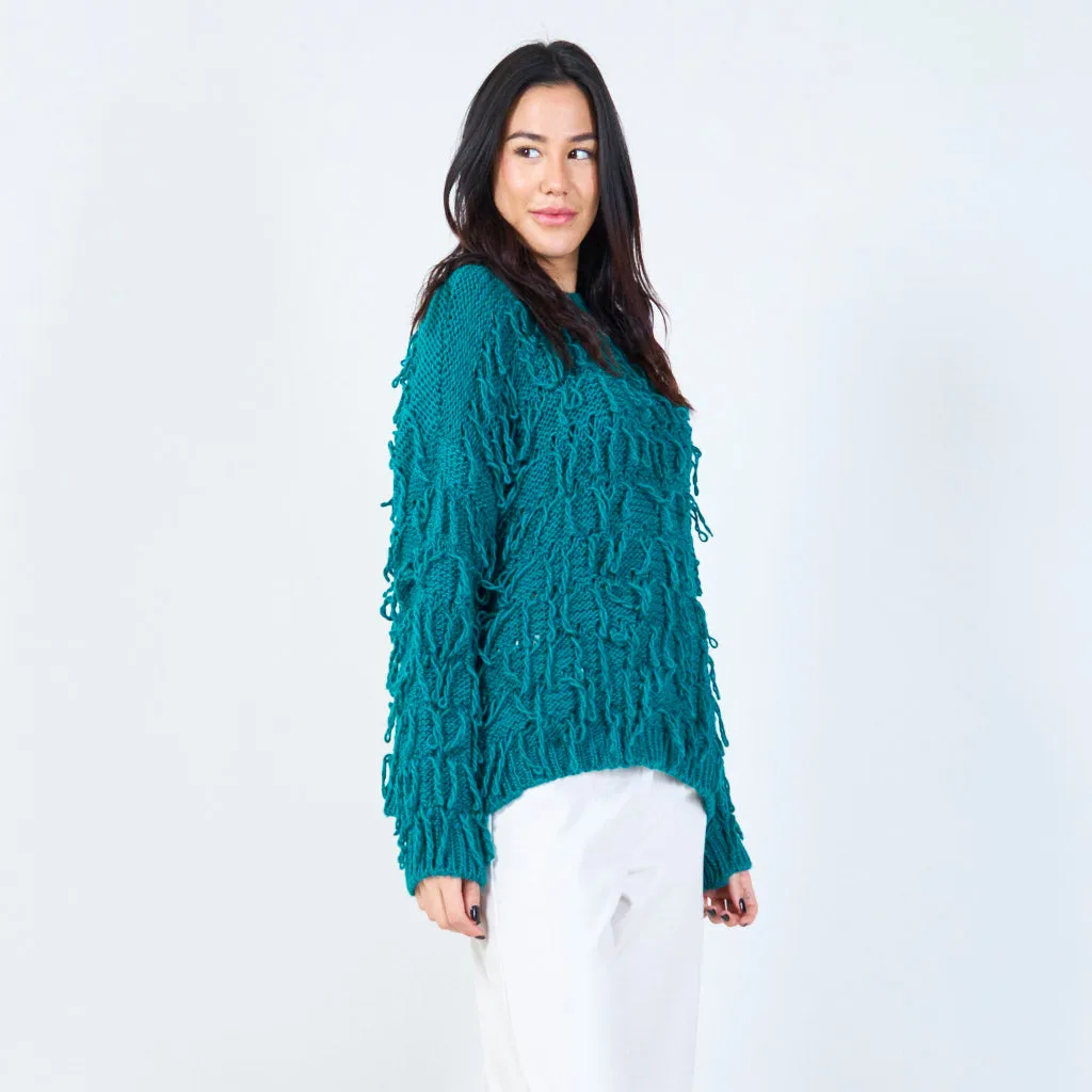 Textured fringe knit sweater wholesale