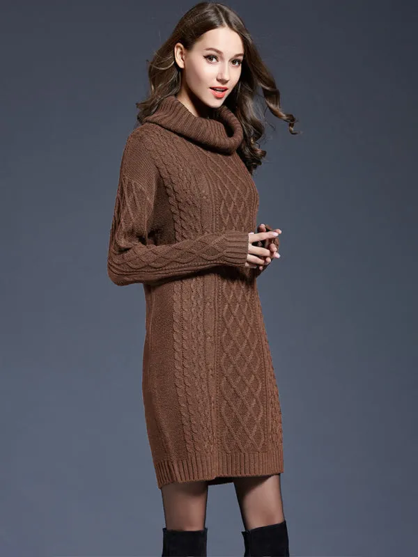 Winter Cozy Cable Knit Turtleneck Sweater Dress