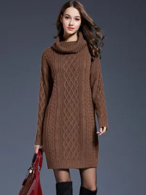 Winter Cozy Cable Knit Turtleneck Sweater Dress