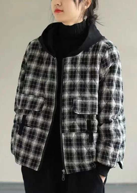 Women Black Plaid Hooded Fine Cotton Filled Puffers Jackets Winter