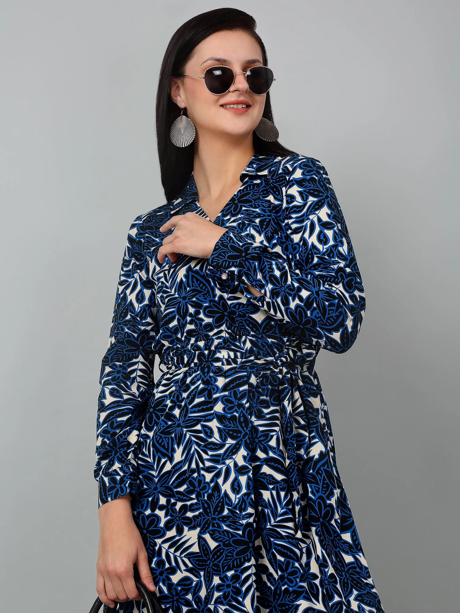 Women's Blue Floral Printed Full Sleeves Casual Dress