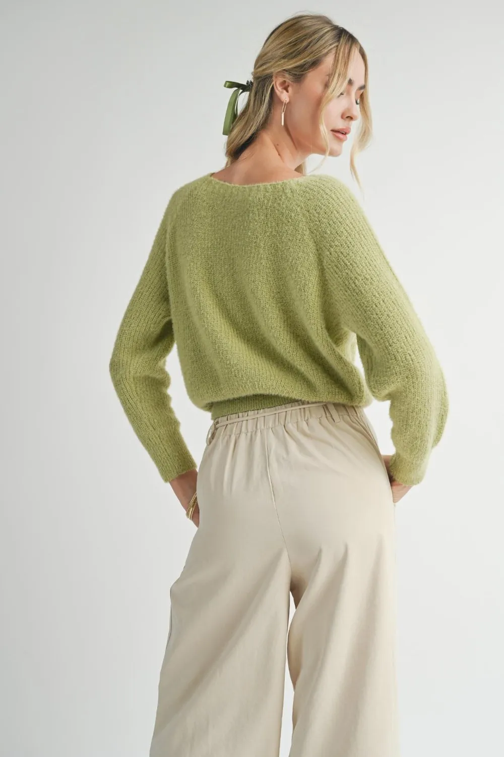 Women's Cozy Feminine Soft Fuzzy Knit Sweater Top | Soft Green