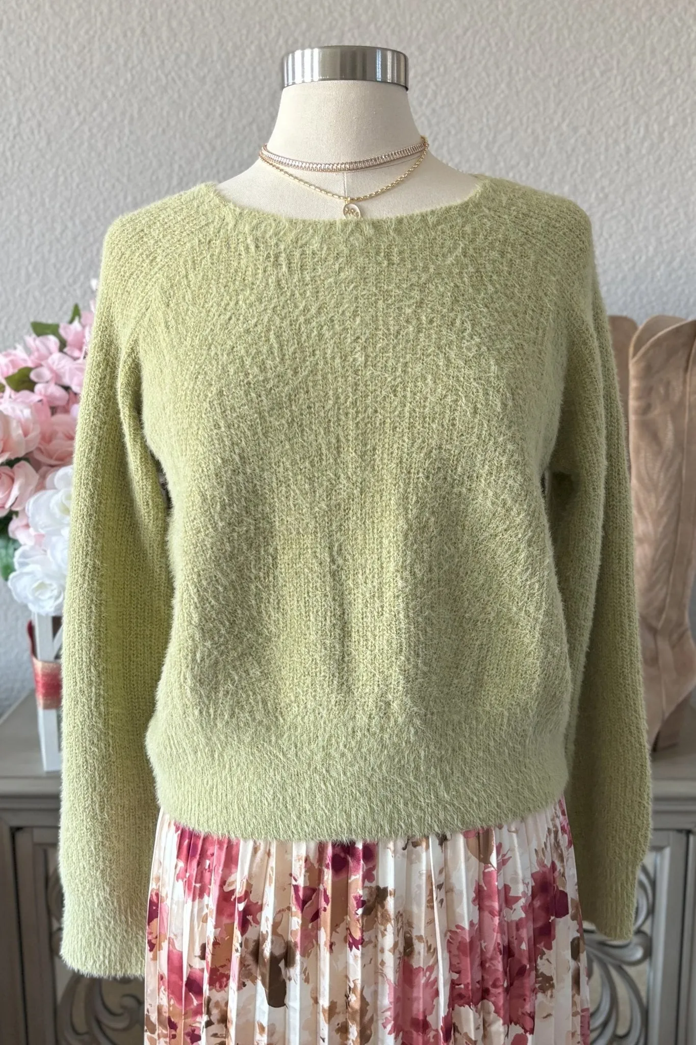 Women's Cozy Feminine Soft Fuzzy Knit Sweater Top | Soft Green