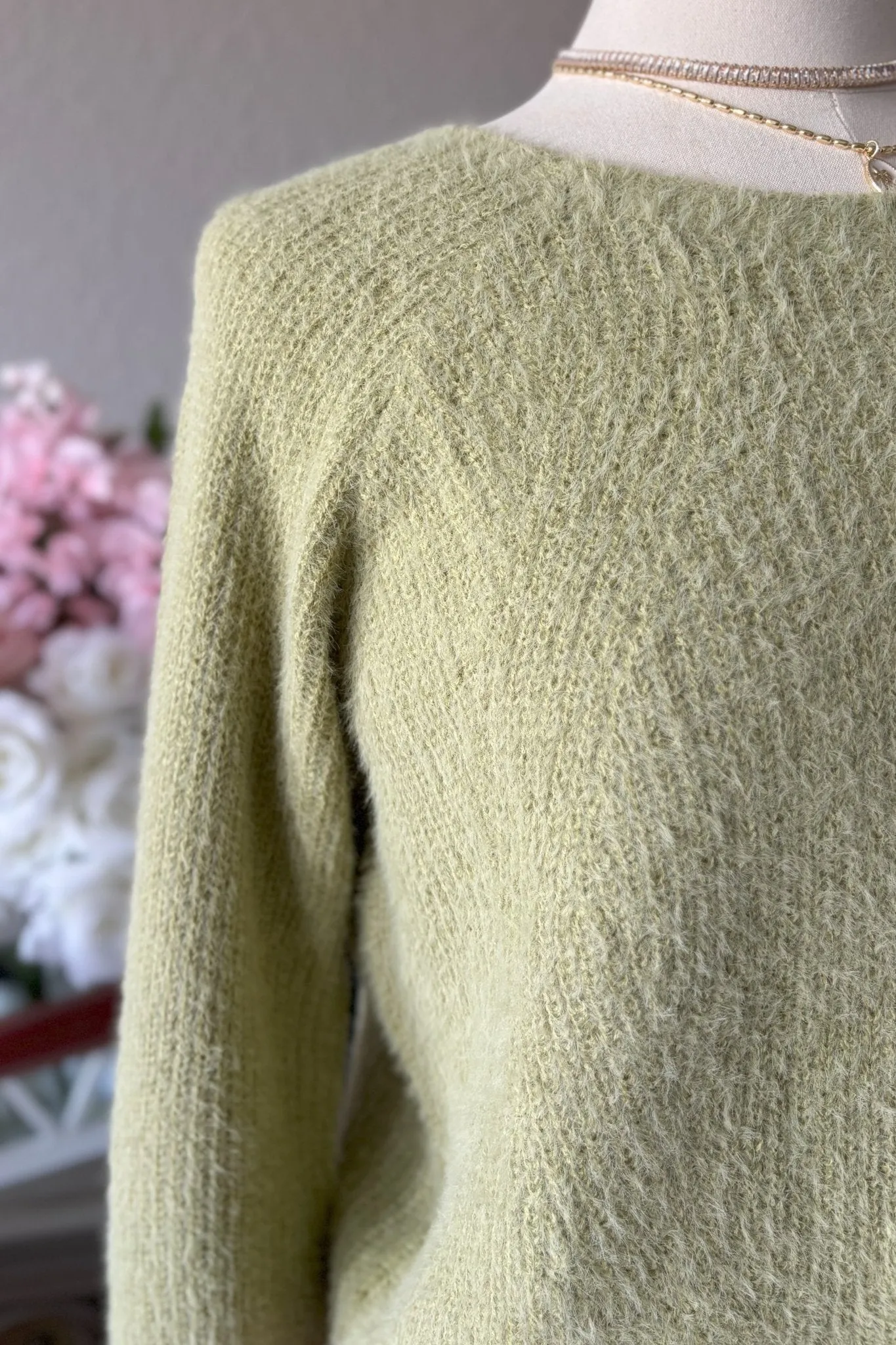 Women's Cozy Feminine Soft Fuzzy Knit Sweater Top | Soft Green