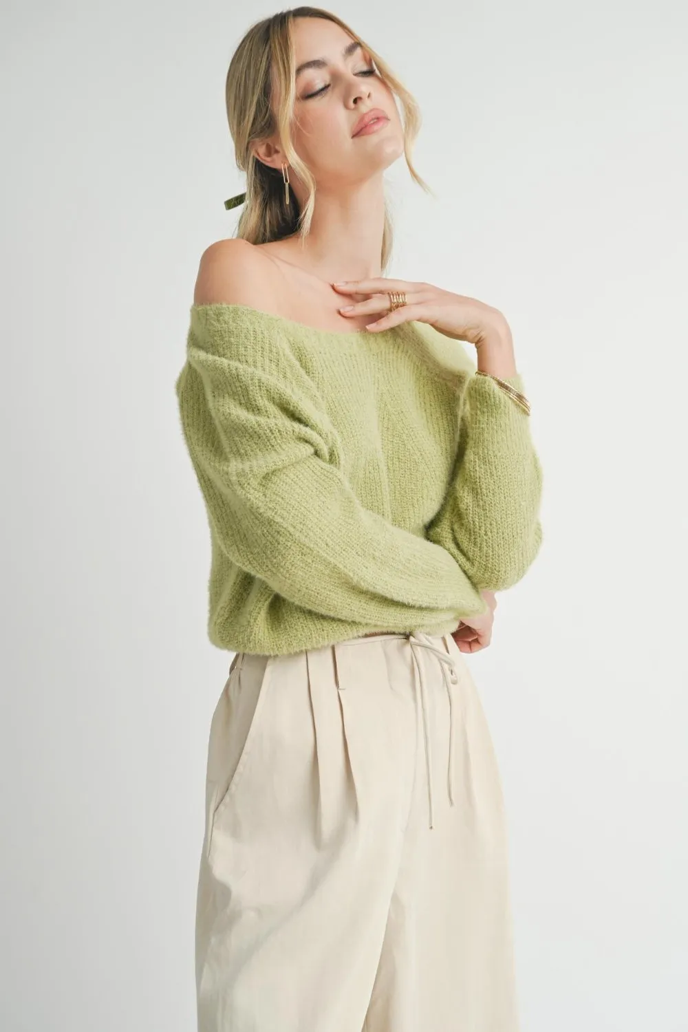 Women's Cozy Feminine Soft Fuzzy Knit Sweater Top | Soft Green