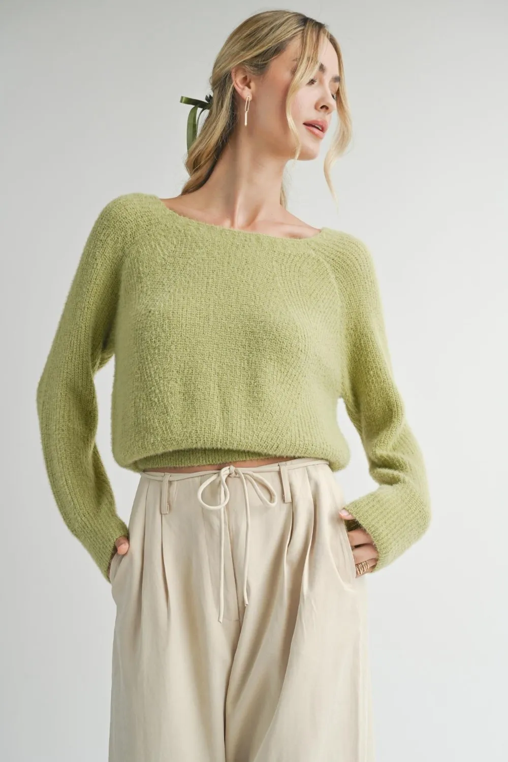 Women's Cozy Feminine Soft Fuzzy Knit Sweater Top | Soft Green