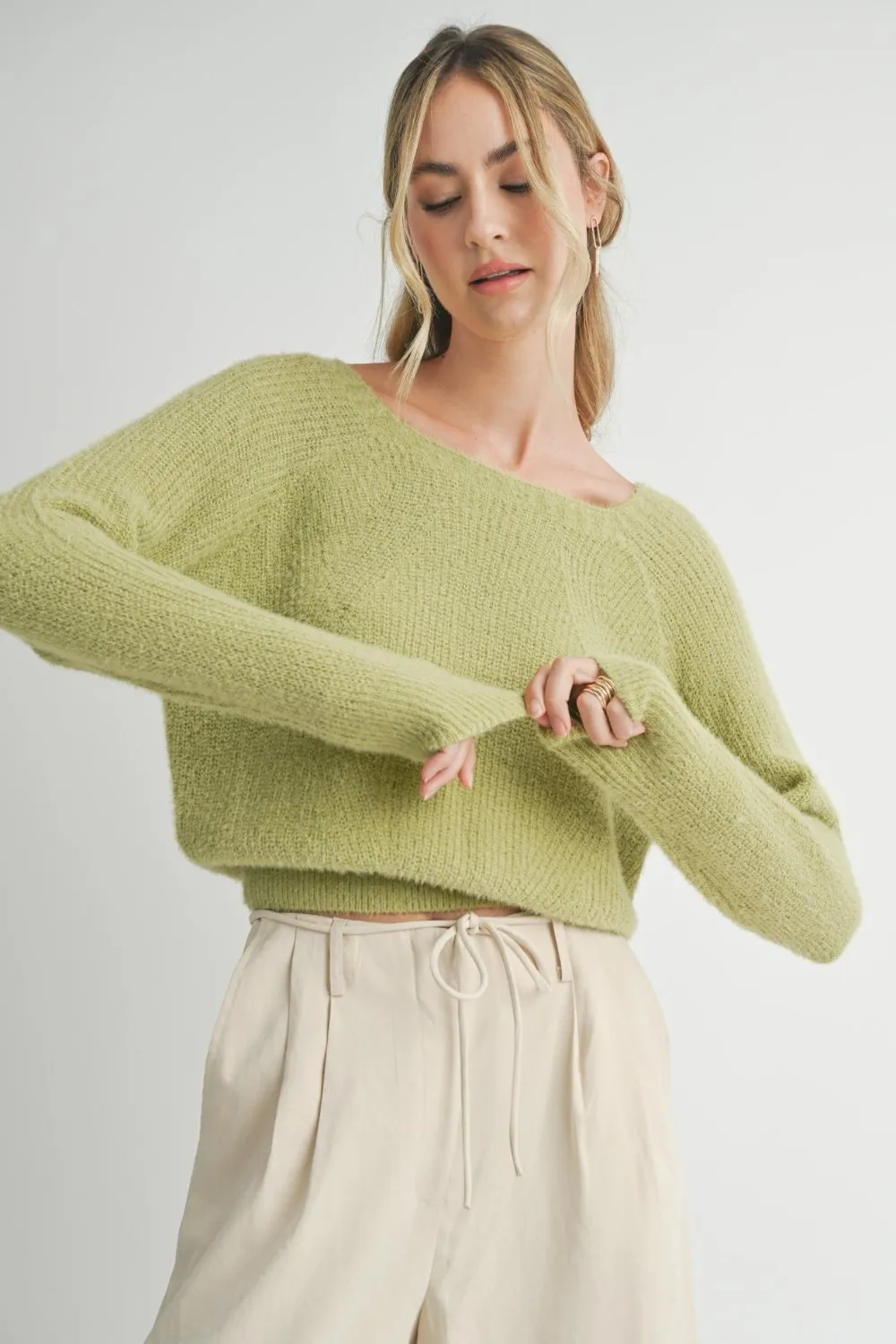 Women's Cozy Feminine Soft Fuzzy Knit Sweater Top | Soft Green