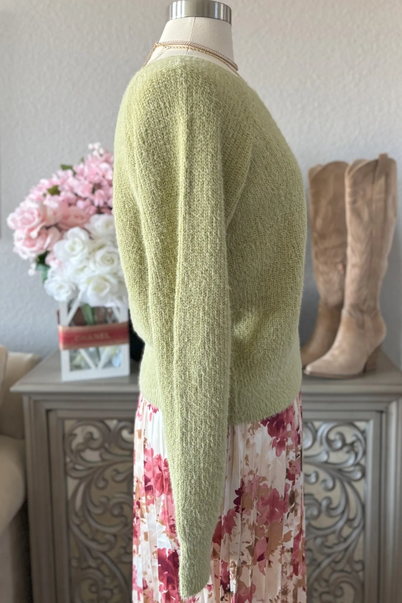 Women's Cozy Feminine Soft Fuzzy Knit Sweater Top | Soft Green